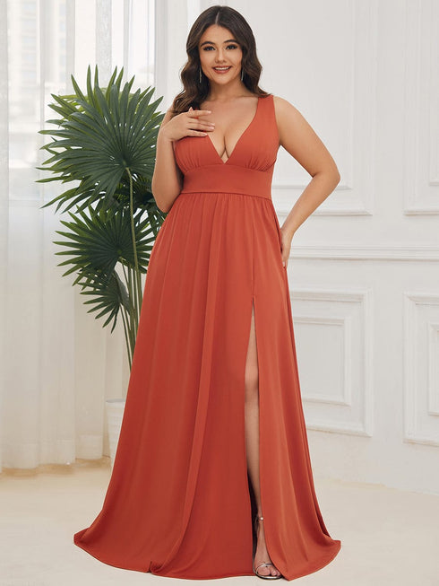 Elegant Plus Size V-Neck Empire Waist Evening Gown with High Slit
