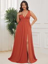 Elegant Plus Size V-Neck Empire Waist Evening Gown with High Slit