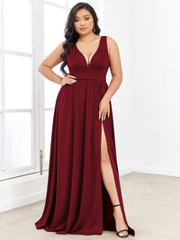 Elegant Plus Size V-Neck Empire Waist Evening Gown with High Slit