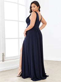 Elegant Plus Size V-Neck Empire Waist Evening Gown with High Slit