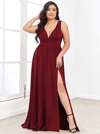 Elegant Plus Size V-Neck Empire Waist Evening Gown with High Slit