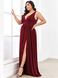 Elegant Plus Size V-Neck Empire Waist Evening Gown with High Slit