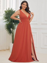 Elegant Plus Size V-Neck Empire Waist Evening Gown with High Slit