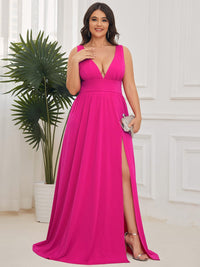Elegant Plus Size V-Neck Empire Waist Evening Gown with High Slit