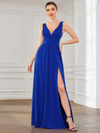 Elegant Plus Size V-Neck Empire Waist Evening Gown with High Slit
