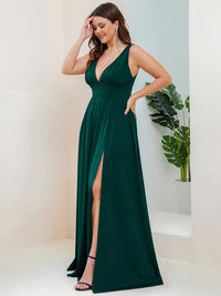 Elegant Plus Size V-Neck Empire Waist Evening Gown with High Slit