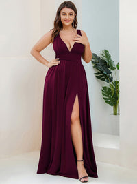 Elegant Plus Size V-Neck Empire Waist Evening Gown with High Slit