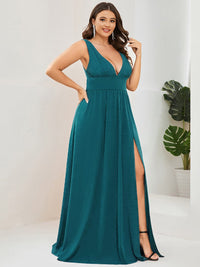 Elegant Plus Size V-Neck Empire Waist Evening Gown with High Slit