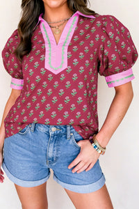 Women's Elegant Red Floral Blouse for Women - V-Neck, Contrast Collar, Short Puff Sleeves, and Ricrac Trim for a Stylish Look