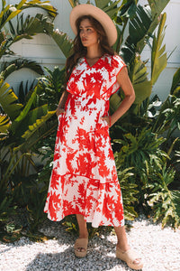 Women's Scarlet Floral Tiered Maxi Dress with Adjustable Waist