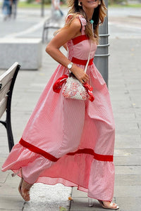 Elegant Red Striped Maxi Dress for Women with Bow Knot Straps, High Waist, Ruffled Hem – Perfect for Summer Fashion
