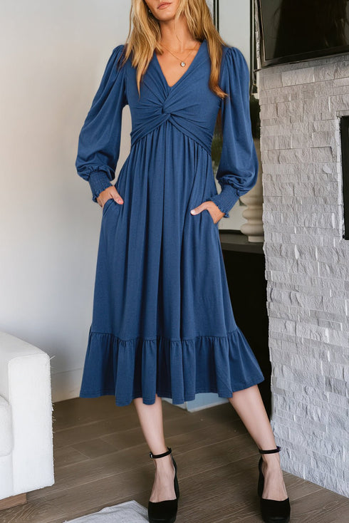 women's elegant sail blue ruffled dress for women with front twist and puff sleeves – perfect summer outfit for any occasion with practical styling