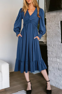 women's elegant sail blue ruffled dress for women with front twist and puff sleeves – perfect summer outfit for any occasion with practical styling