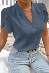 elegant sail blue silky blouse for women with notched neckline and petal sleeves - great for a variety of occasions with practical styling and