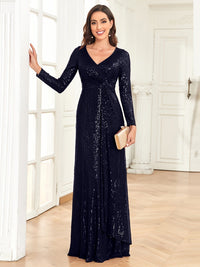 Elegant Sequin V Neck Long Sleeve Floor Length Party Maxi Dress