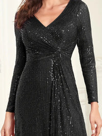 Elegant Sequin V Neck Long Sleeve Floor Length Party Maxi Dress