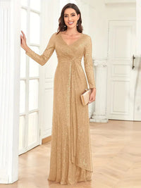 Elegant Sequin V Neck Long Sleeve Floor Length Party Maxi Dress