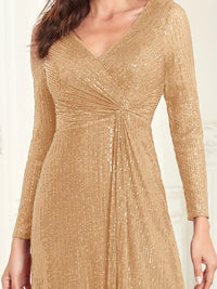 Elegant Sequin V Neck Long Sleeve Floor Length Party Maxi Dress