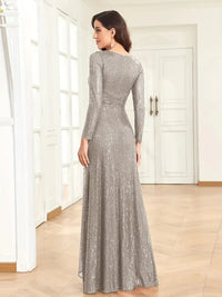 Elegant Sequin V Neck Long Sleeve Floor Length Party Maxi Dress