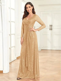 Elegant Sequin V Neck Long Sleeve Floor Length Party Maxi Dress