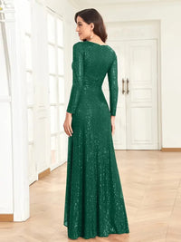 Elegant Sequin V Neck Long Sleeve Floor Length Party Maxi Dress