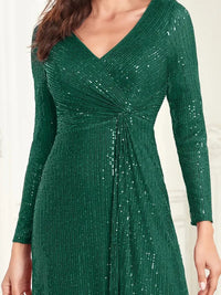 Elegant Sequin V Neck Long Sleeve Floor Length Party Maxi Dress