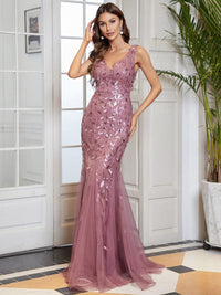 Glamorous Sequin Embellished V-Neck Mermaid Evening Dress