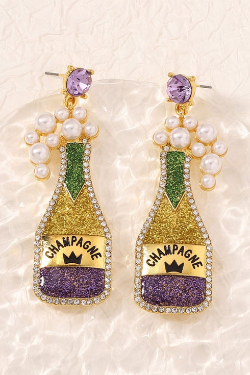 Women's Gold Champagne Bottle Earrings with Pearl Bubbles