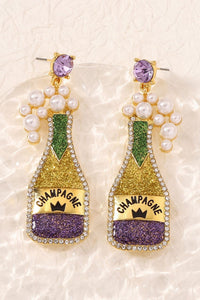 Women's Gold Champagne Bottle Earrings with Pearl Bubbles