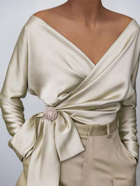 women's draped satin blouse with front bow made for easy styling and wardrobe coordination, with premium-like structure and finish. with practical