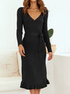 Elegant V-Neck Knitted Dress With Long Sleeves And High Waist