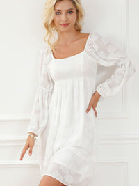 Elegant White Jacquard Bubble Sleeve Mini Dress