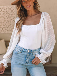 Elegant White Swiss Dot Ribbed Puff Sleeve Bodysuit