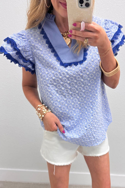 Women's Elegant Women's Beau Blue Eyelet Flutter Sleeve Blouse in Blue with Lace Trim and Floral Texture for Chic Style