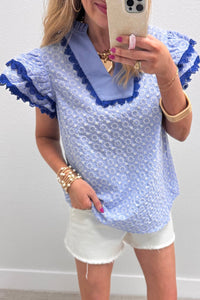 Women's Elegant Women's Beau Blue Eyelet Flutter Sleeve Blouse in Blue with Lace Trim and Floral Texture for Chic Style