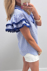 Beau Blue Eyelet Embroidered Flower Texture Contrast Lace Trim Flutter Sleeve Blouse