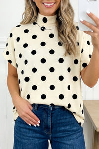 Elegant Women's Beige Polka Dot High Neck Dolman Top – Stylish, Comfortable Fit for Everyday Wear