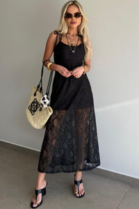 Black Tie Spaghetti Straps Floral Lace Overlay Long Dress