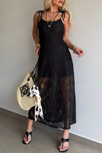 Black Tie Spaghetti Straps Floral Lace Overlay Long Dress