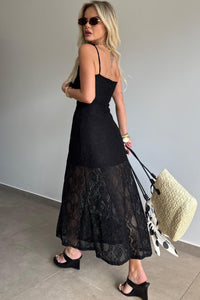 Black Tie Spaghetti Straps Floral Lace Overlay Long Dress