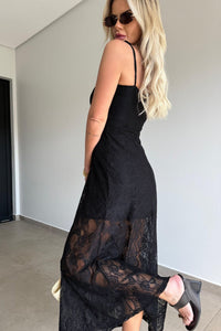 Black Tie Spaghetti Straps Floral Lace Overlay Long Dress