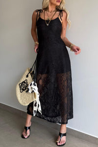 Black Tie Spaghetti Straps Floral Lace Overlay Long Dress