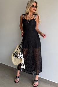 Black Tie Spaghetti Straps Floral Lace Overlay Long Dress