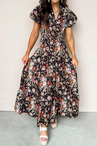 Elegant Women's Black Floral Print V-Neck Maxi Dress - Pleated, Tiered Design for Effortless Summer Comfort and Style