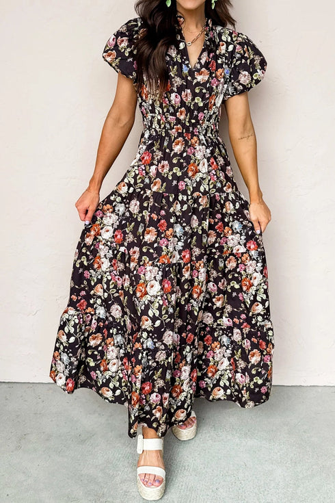 Elegant Women's Black Floral Print V-Neck Maxi Dress - Pleated, Tiered Design for Effortless Summer Comfort and Style