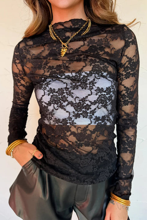 Elegant Women's Black Sheer Floral Lace Long Sleeve Blouse with Lettuce Trim - Chic Mock Neck Top for Trendy Looks