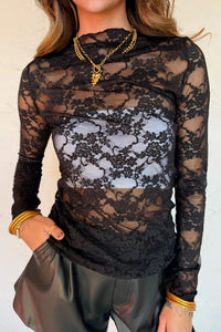 Elegant Women's Black Sheer Floral Lace Long Sleeve Blouse with Lettuce Trim - Chic Mock Neck Top for Trendy Looks