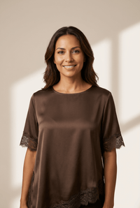 Women's Elegant Women's Coffee Satin Top with Asymmetric Lace Trim - Short Sleeve, Chic Day or Night Blouse for Effortless Style
