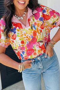 Women's Floral Cotton V-Neck Blouse with Striped Trim Detail