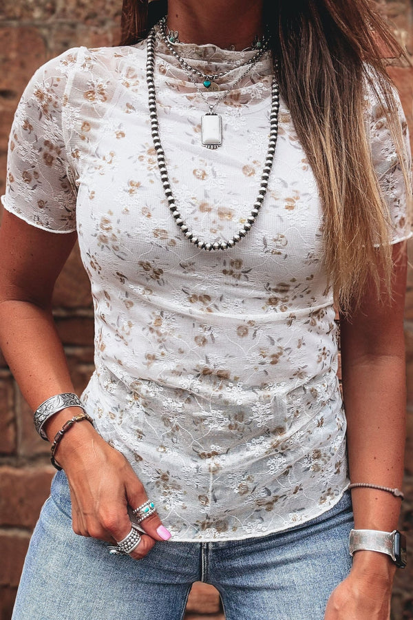 Elegant Women's Floral White Mock Turtleneck Short Sleeve Top - Feminine Mesh Design for a Comfortable and Stylish Look